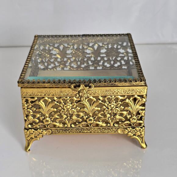 Vintage Ormolu Gold Filigree Jewelry Casket Beveled Glass Hollywood Regency - Picture 1 of 12